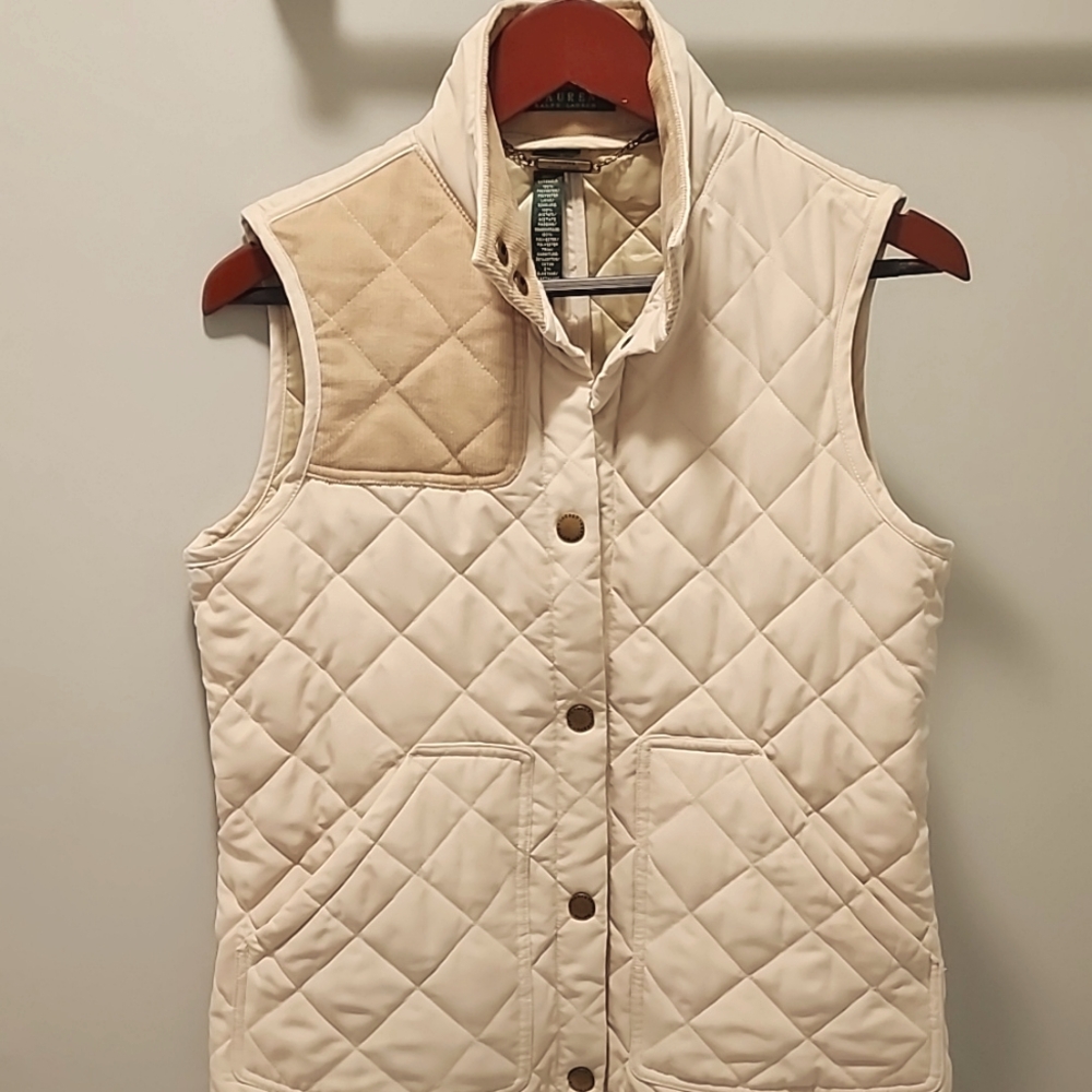 Lauren, Ralph Lauren quilted vest,  women's size medium, ivory/tan